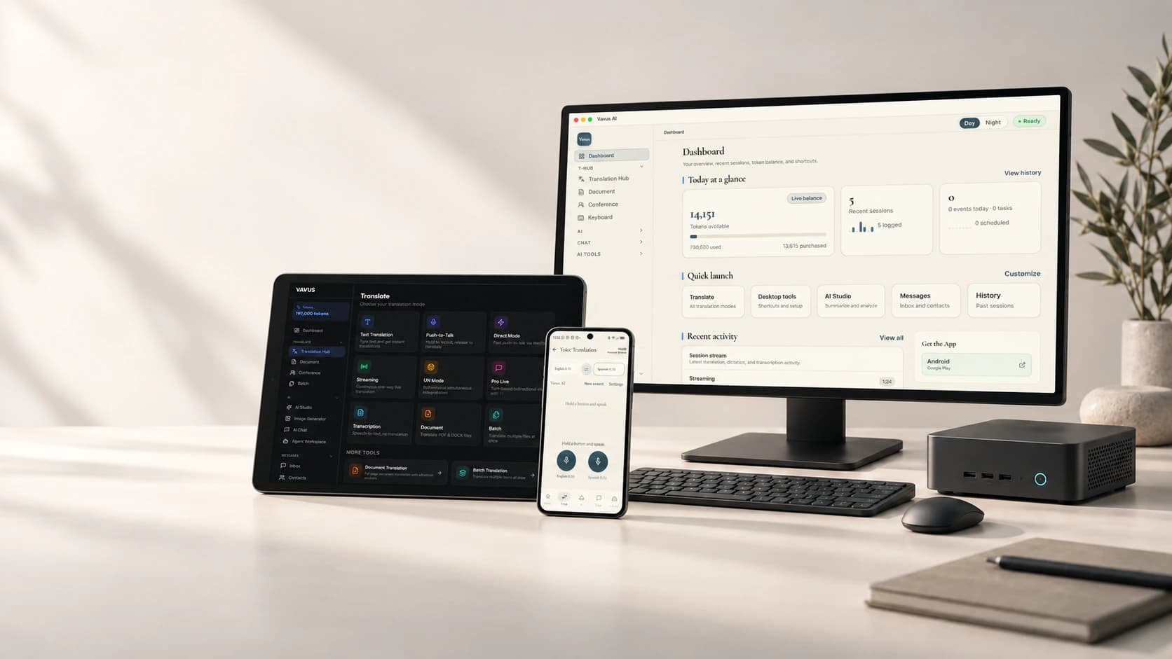 Device concept with Vavus AI on a desktop monitor, tablet and phone, alongside a mini PC, keyboard and mouse