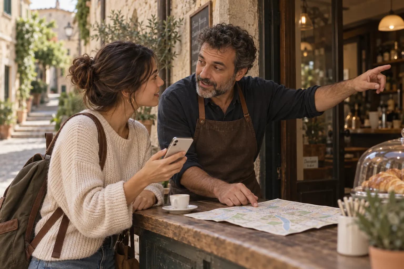 A traveller holding a phone while asking a cafe owner for directions