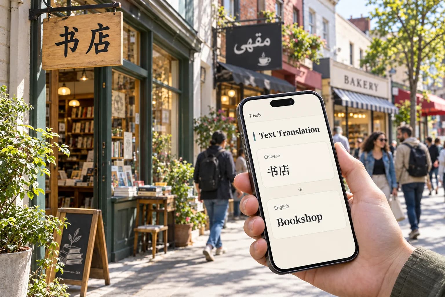 A hand holding a phone that translates a Chinese bookshop sign into English, on a street with signs in several alphabets