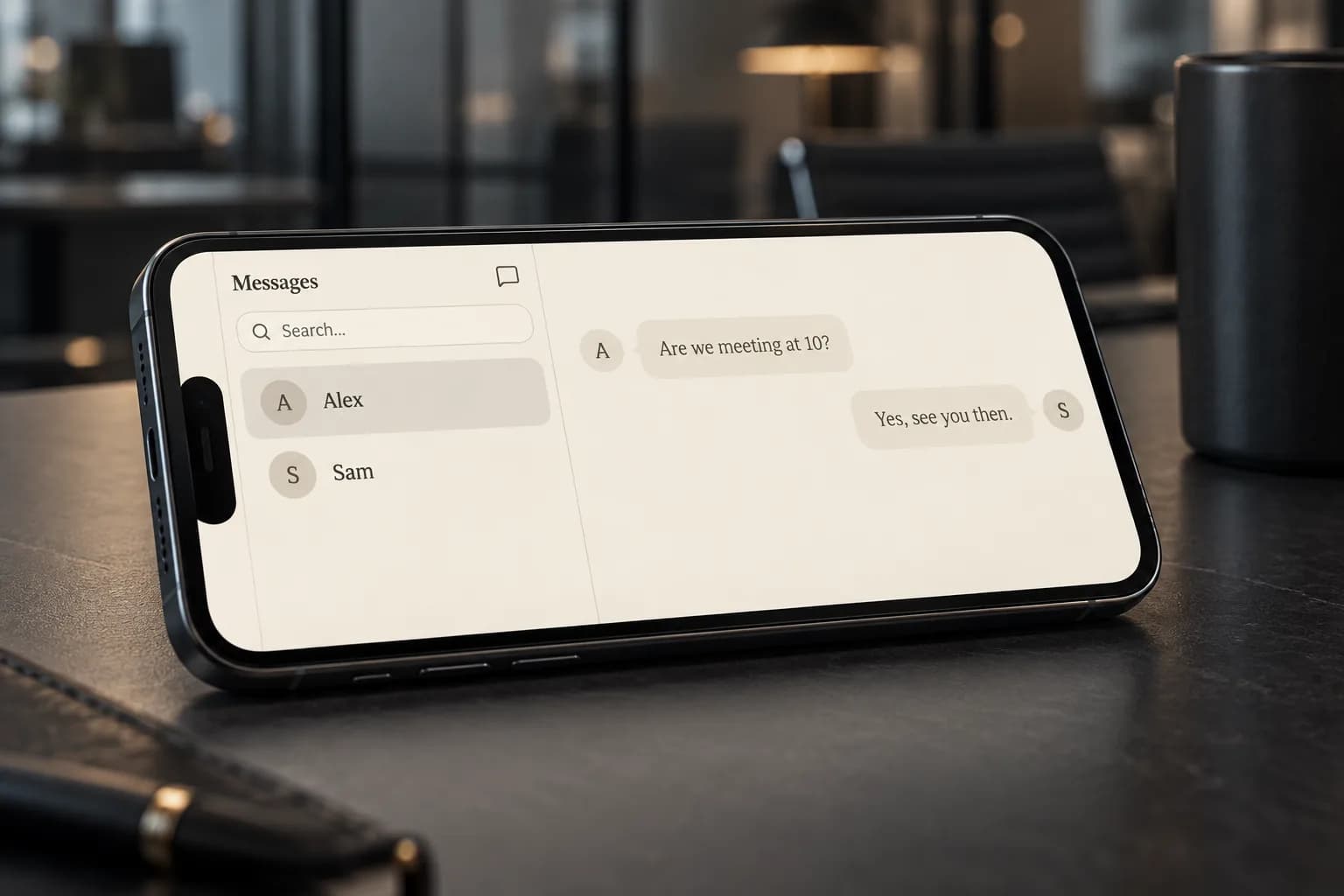 A phone on a dark office desk showing a private Vavus chat