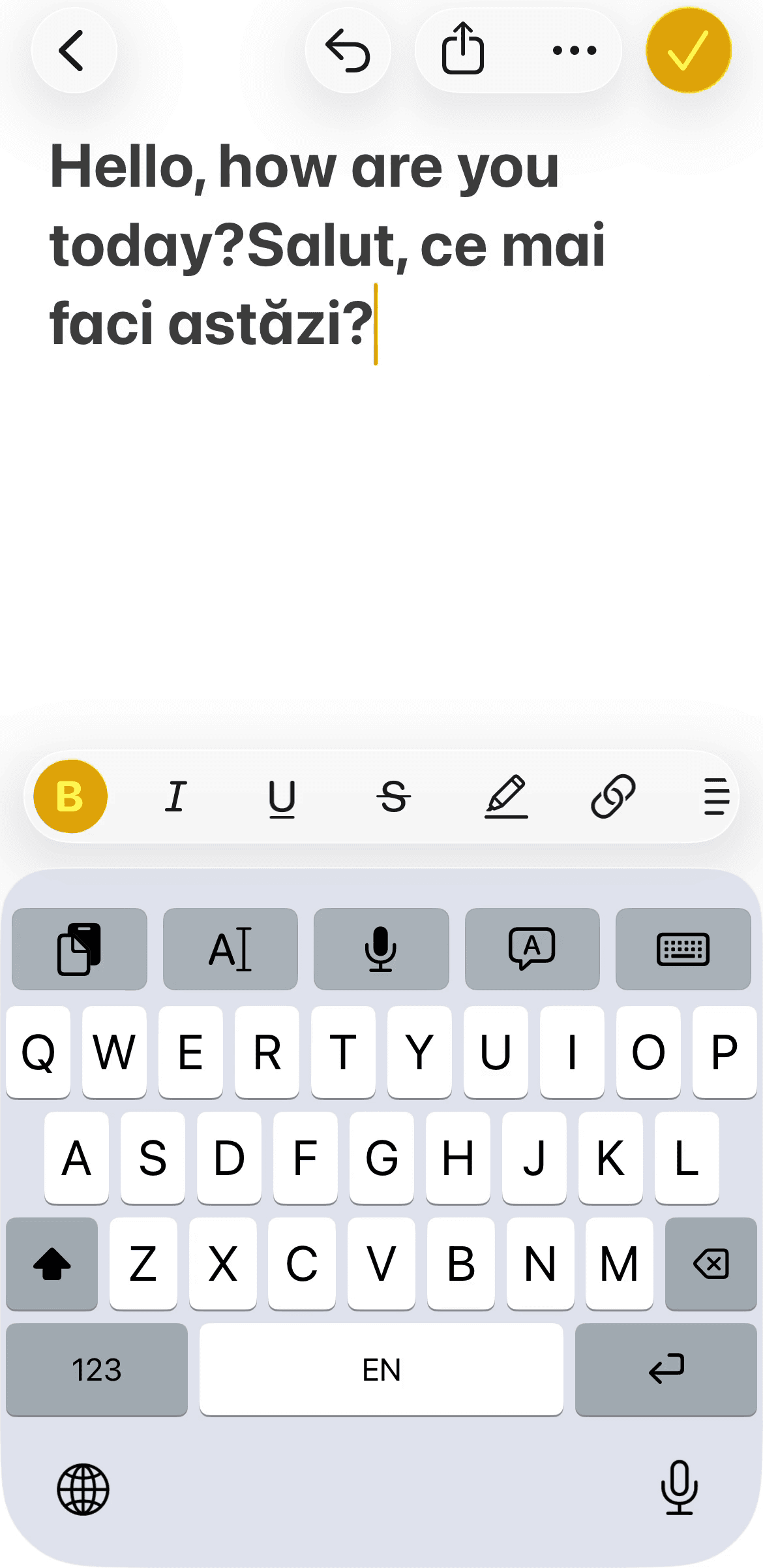 Vavus Keyboard translation strip dictating and translating text inline inside iOS and desktop apps.