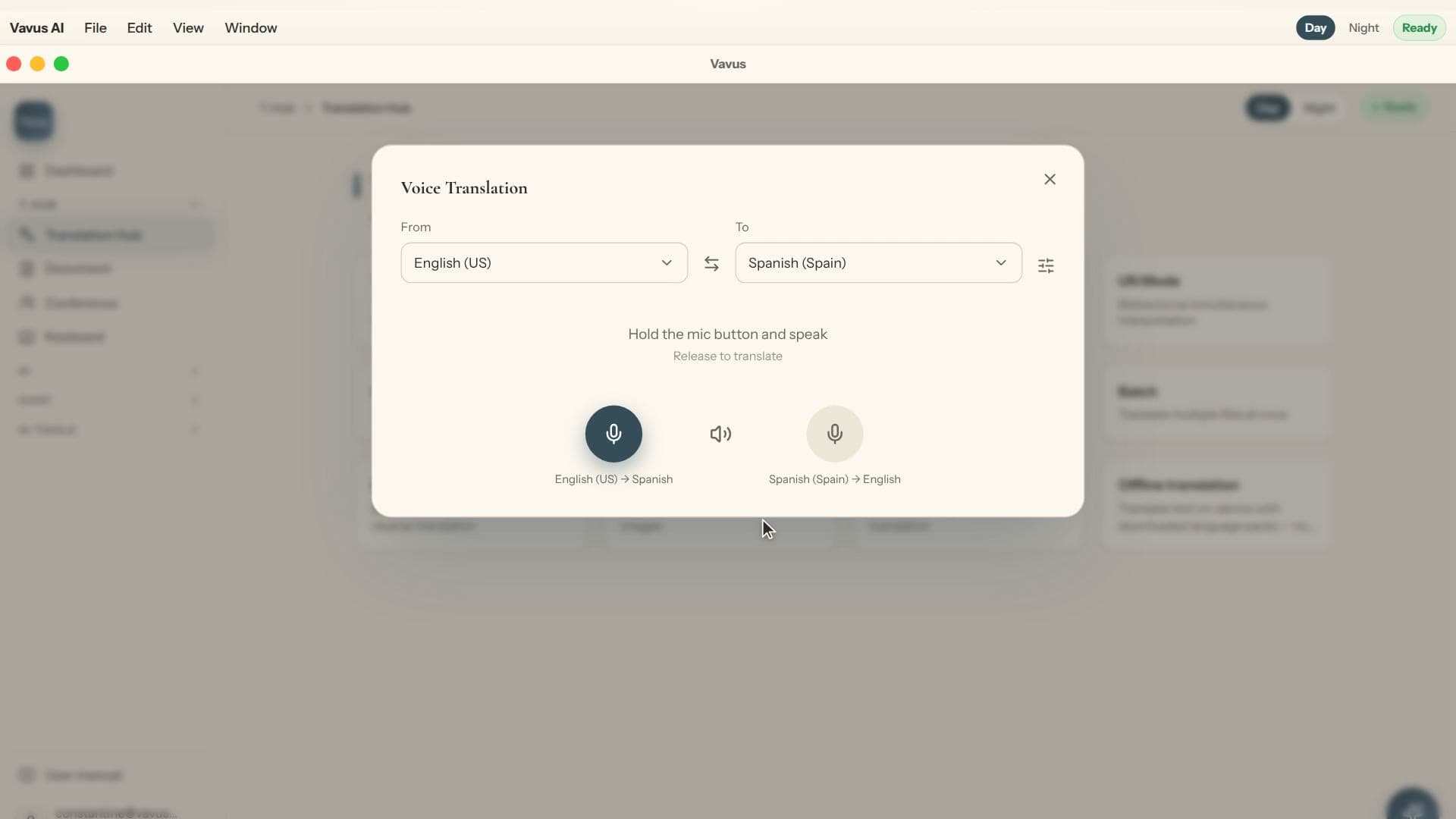 Vavus AI live voice translation showing real-time captions so a listener can follow a lecture or meeting in another language.