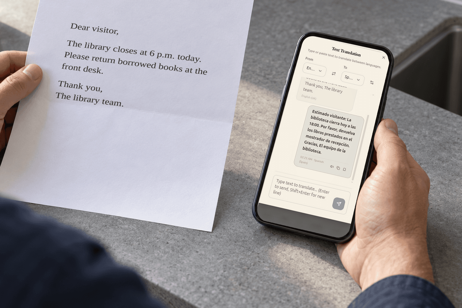 Una carta al costat d'un mòbil que mostra traduït al castellà el text en anglès introduït de la carta