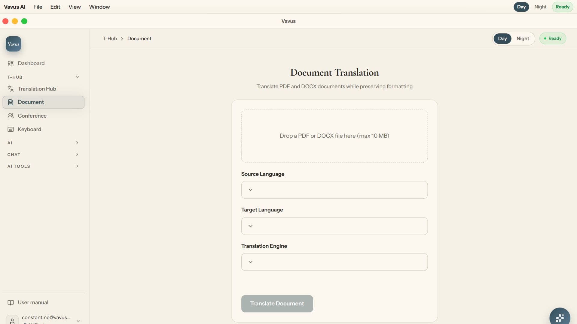 Vavus AI Document Translation preserving a lease agreement's original layout next to Image OCR Translation reading and translating text from a photographed menu, showing both ways to translate paper.