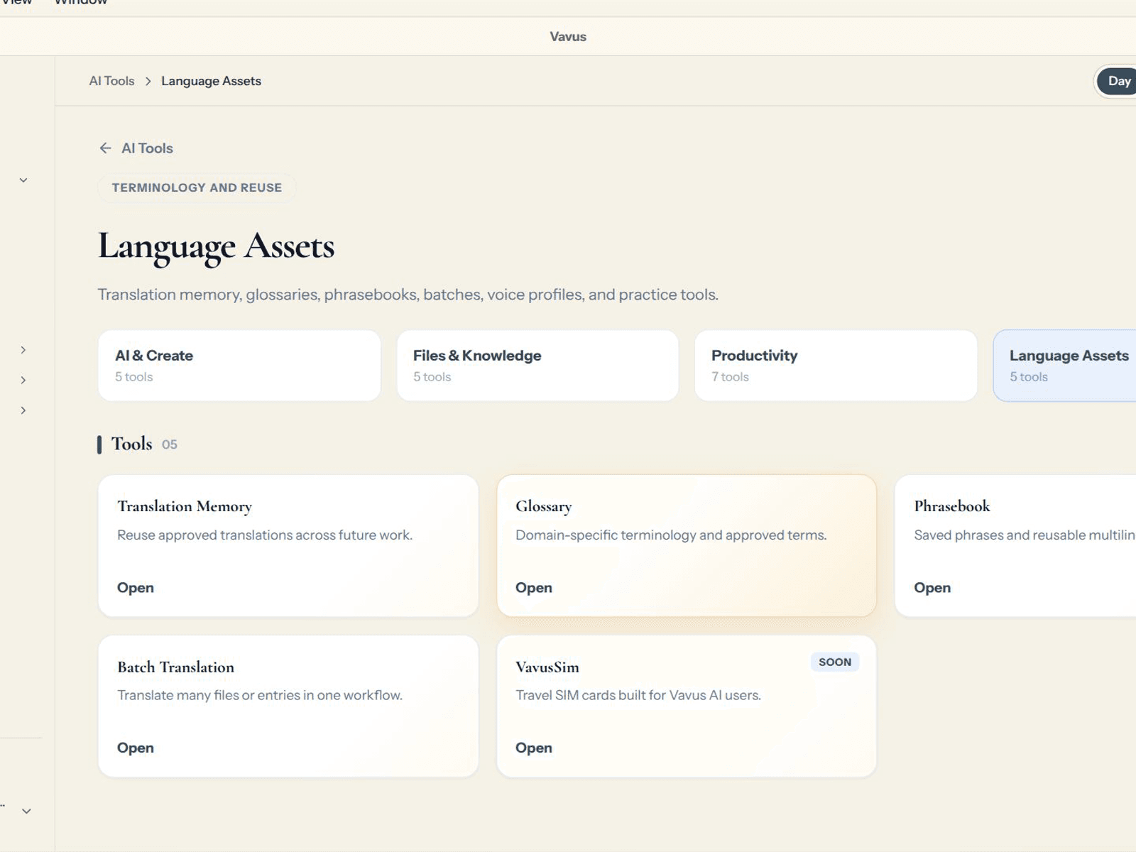 Vavus Translation Hub workspace capture for documentation.